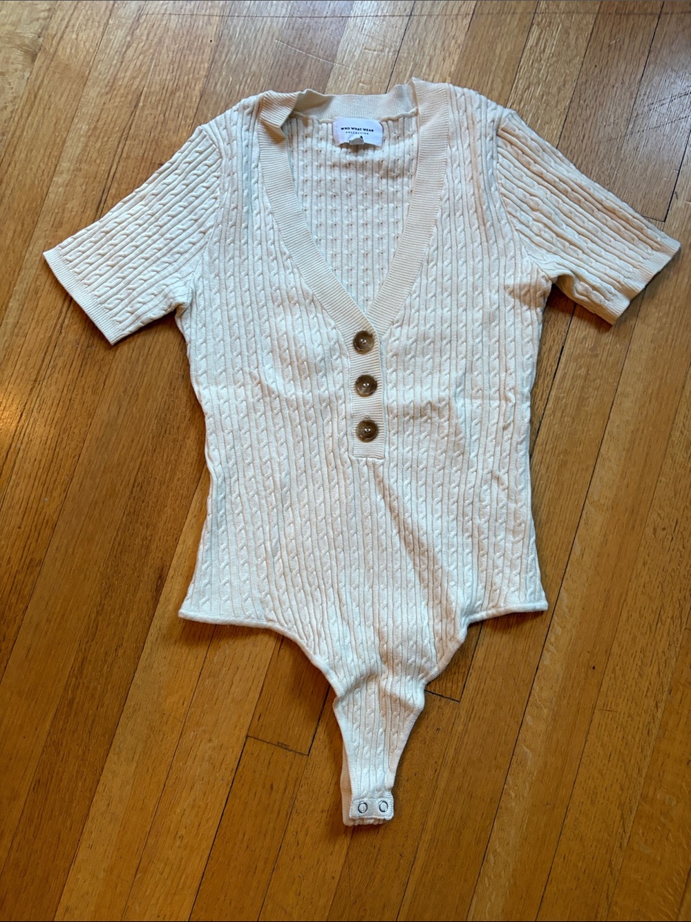 Who What Wear Cream Cable Knit Button-Front Bodysuit